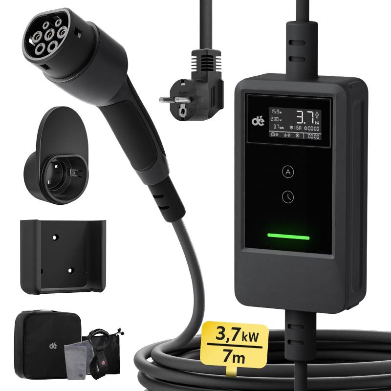 dé Ladekabel Elektroauto Typ 2 Schuko 3,7kW [7m, 6-16A] EV Charger Mit Kabelhalter und digitalem LCD - EV Ladegerät für e Auto Model 3/Y, ID.3/4/5, MG4, Q4, GLA, Zoe und Anderen PHEV/EV von dé