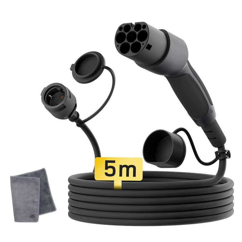 dé Adapter Typ 2 auf Schuko - Elektroauto Ladestecker, 16A 5m. Einfaches Laden an Ladestationen/Wallboxen trotz Verwendung von 230V Ladegeräten für E-Bike, E-Scooter, Motorrad. IP55 Nicht für V2L von dé