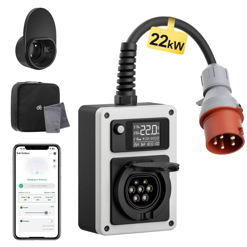 dé Wallbox 22kW Mit APP EV Charger CEE Stecker und Typ 2 Steckdose, 22kW Mobile Ladestation mit Stromzähler, RFID-Karte für ID.4 ID.5, Model Y, Model 3, e-up, e-tron und andere EV und PHEV von dé