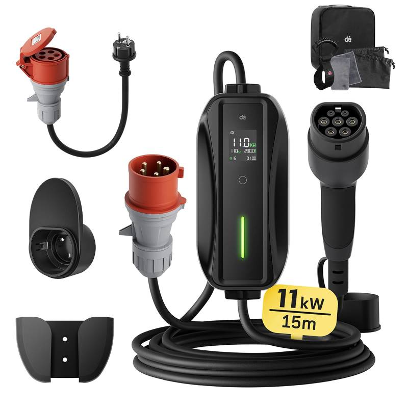 dé Mobile Wallbox/Ladestation 11kW [3-phasig|15m|6-16A] mit Einstellbarer Ladeleistung, Ladekabel CEE 16A auf Typ 2 und EV Ladegerät für Model Y/3, ID.3/4/5, MG4, EX30, e-up, e-tron, Zoe und andere EV von dé