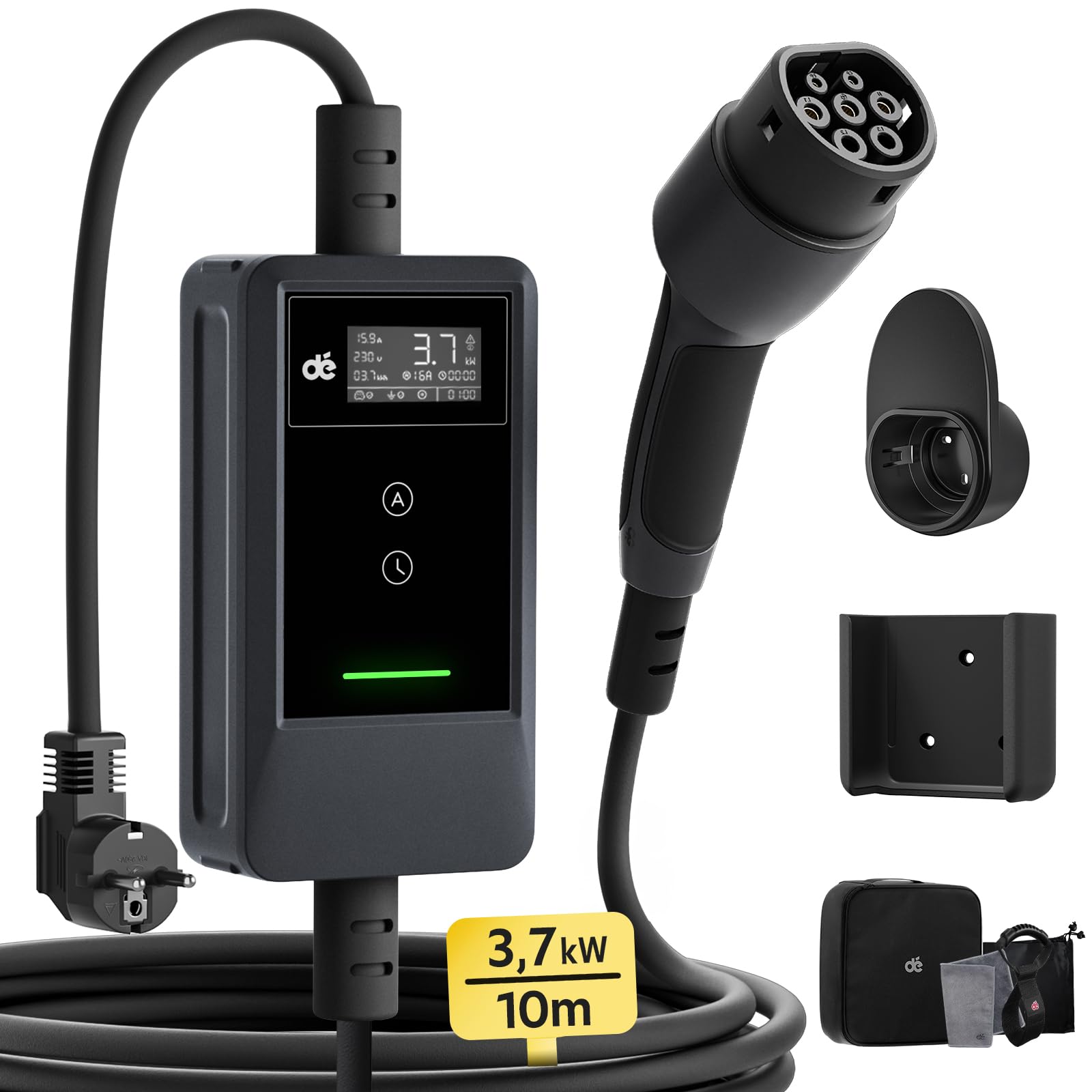 dé Ladekabel Elektroauto Typ 2 Schuko 3,7kW [10m, 6-16A] EV Charger Mit Kabelhalter und digitalem LCD - EV Ladegerät für e Auto Model 3/Y, ID.3/4/5, MG4, Q4, GLA, Zoe und Anderen BEV/PHEV von dé