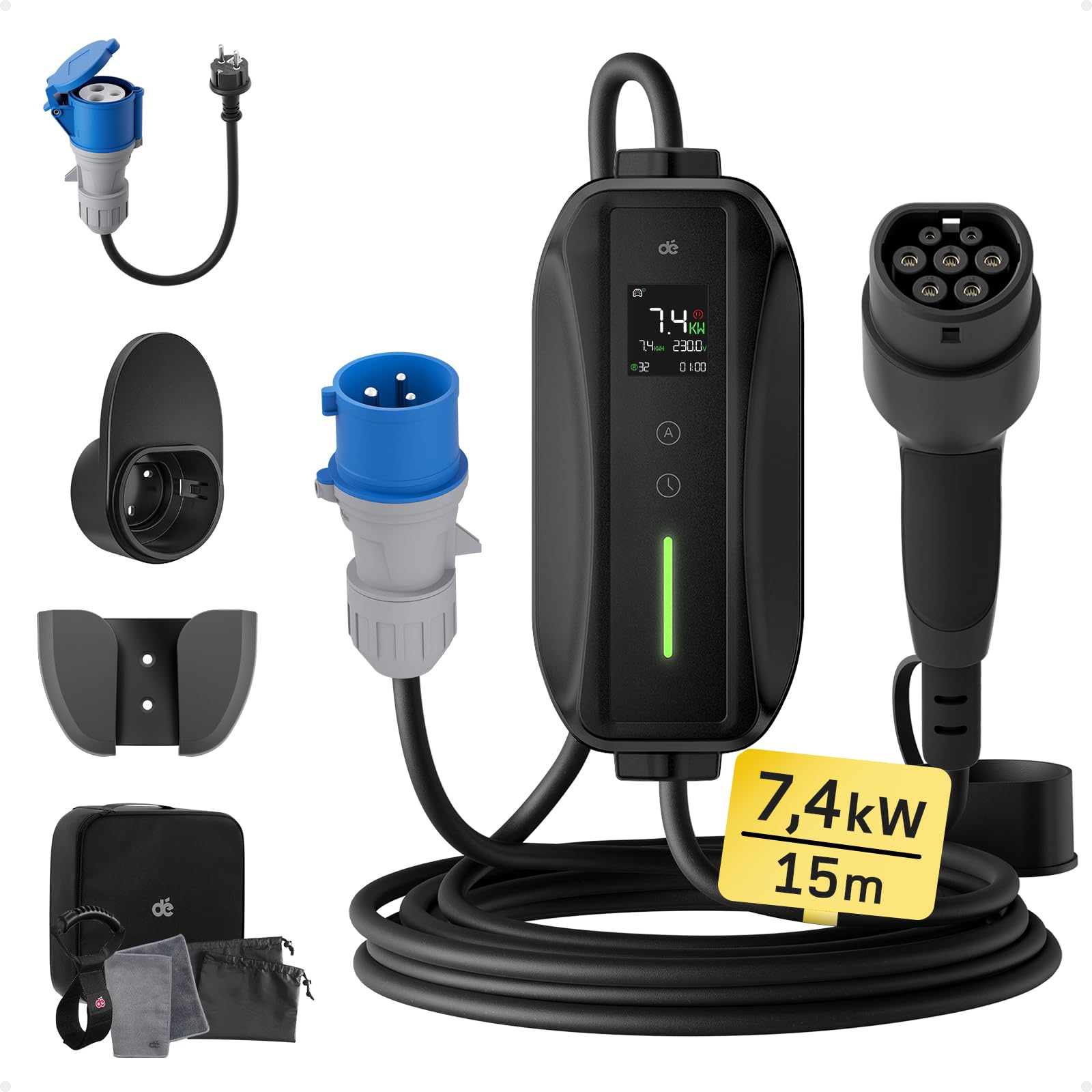 dé Ladekabel Typ 2 CEE Stecker 7,4kW [1-phasig|15m|6-32A] mit Einstellbarer Ladeleistung, EV-Ladegerät und Mobile Ladestation/Wallbox für ID.3, ID.4, ID.5, Model Y / 3, e-up, e-tron, Zoe und andere EV von dé