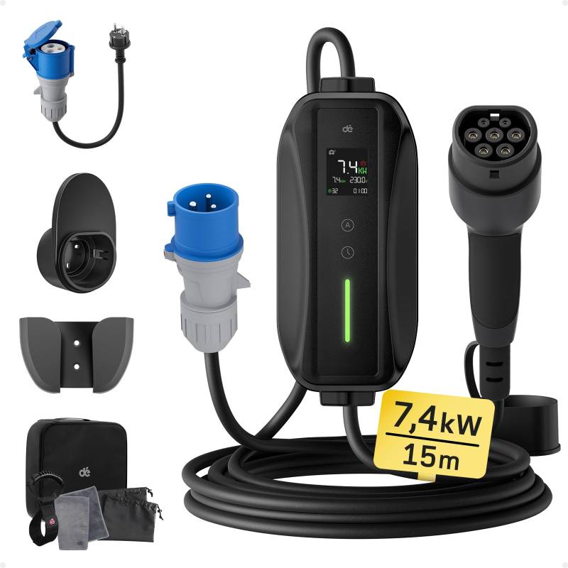 dé Ladekabel Typ 2 CEE Stecker 7,4kW [1-phasig|15m|6-32A] mit Einstellbarer Ladeleistung, EV-Ladegerät und Mobile Ladestation/Wallbox für ID.3, ID.4, ID.5, Model Y / 3, e-up, e-tron, Zoe und andere EV von dé