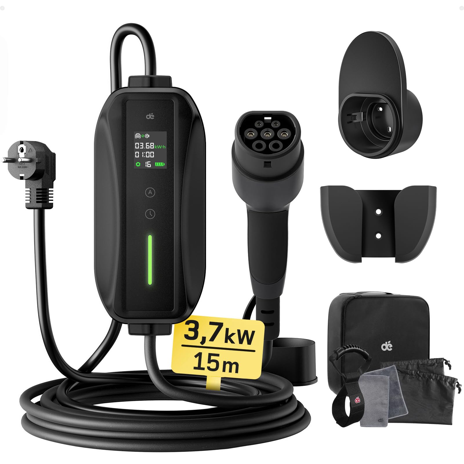dé Ladekabel Typ 2 Schuko 3,68kW[1-phasig, 15m, 6-16A] EV Chargers mit Steuerbarer Digitalanzeige für Elektroauto, Ladekabel e Auto für Model 3/Y, ID.3, ID.4, ID.5, MG4, Q4, Gla und Anderen PHEV/EV von dé