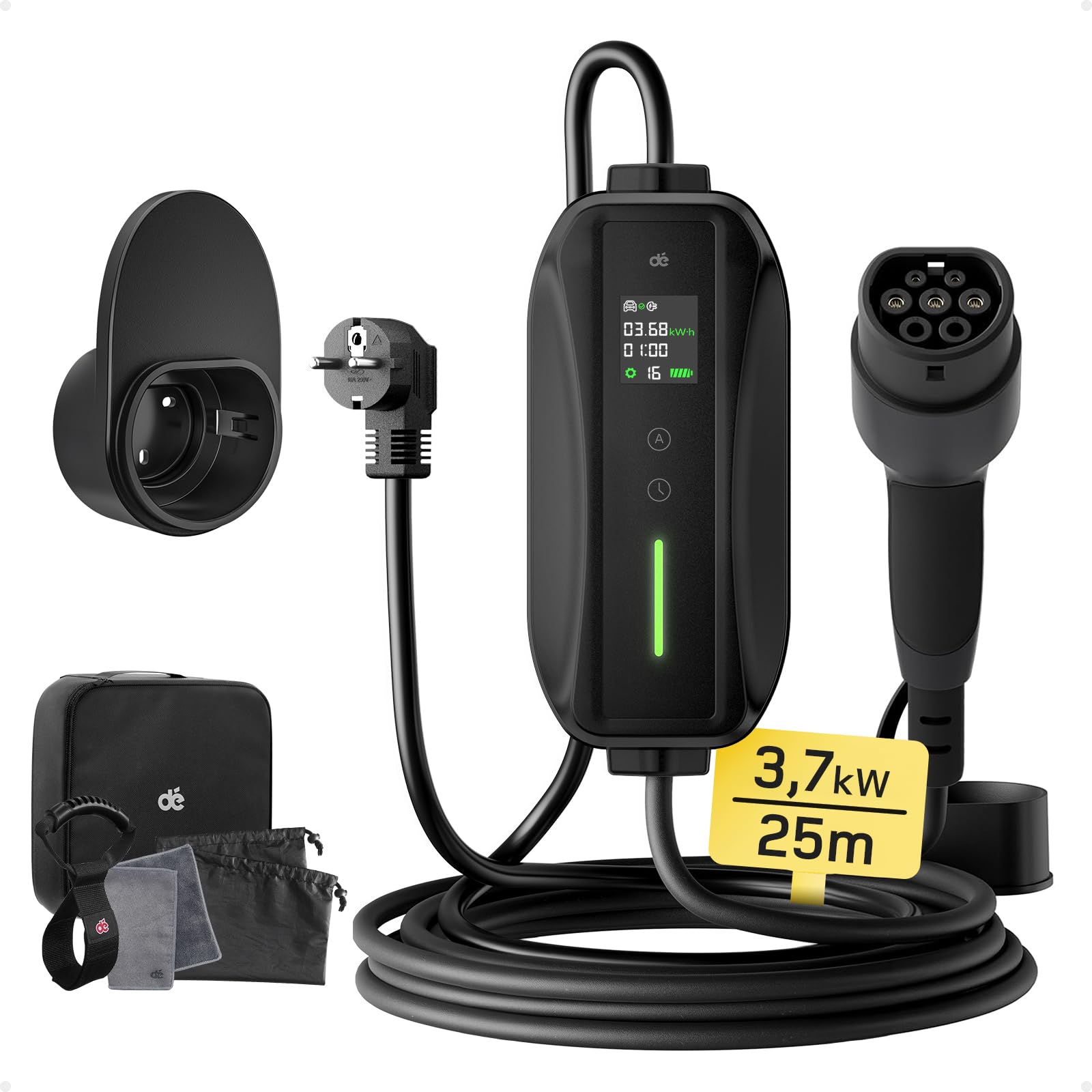 dé Ladekabel Typ 2 Schuko 3,68kW[1-phasig, 25m, 6-16A] EV Chargers mit Steuerbarer Digitalanzeige für Elektroauto, Ladekabel e Auto für Model 3/Y, ID.3, ID.4, ID.5, MG4, Q4, Gla und Anderen PHEV/EV von dé