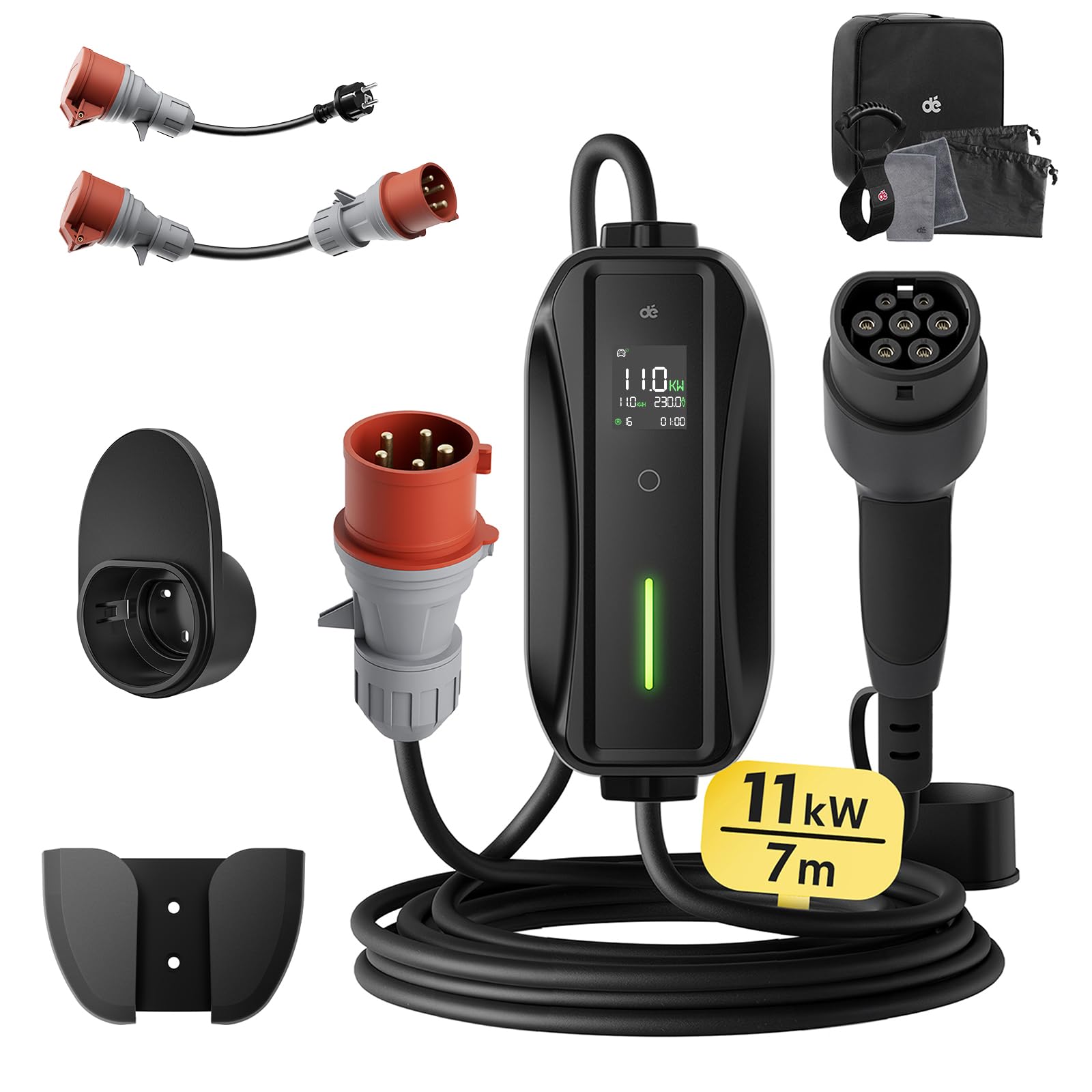 dé Mobile Wallbox/Ladestation 11kW [3-phasig|7m|6-16A] mit Basic Adapter Set, Ladekabel CEE 16A auf Typ 2 und EV Ladegerät für Model Y/3, ID.3/4/5, MG4, EX30, e-up, e-tron, Zoe und andere EV von dé