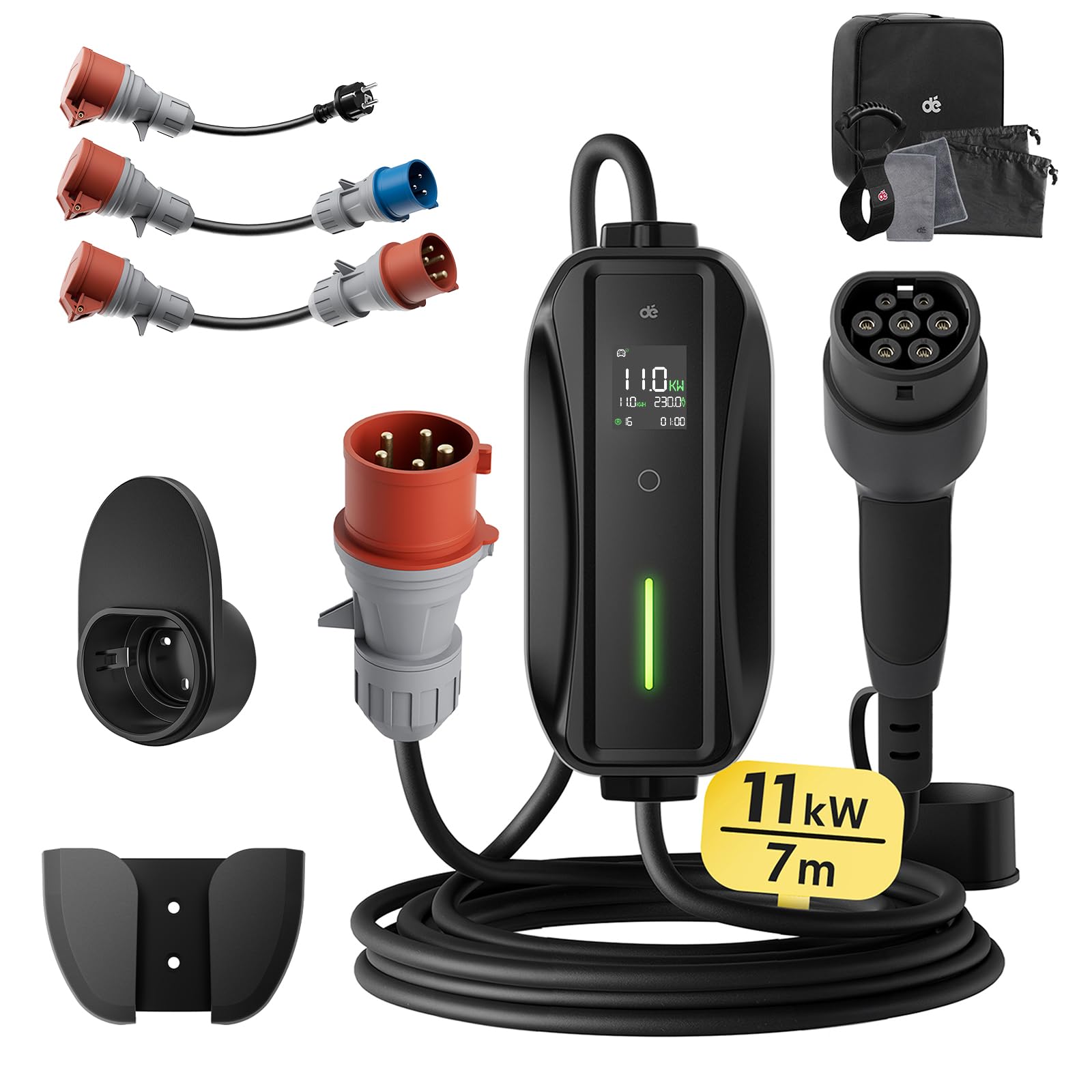 dé Mobile Wallbox/Ladestation 11kW [3-phasig|7m|6-16A] mit Traveller Adapter Set, Ladekabel CEE 16A auf Typ 2 und EV Ladegerät für Model Y/3, ID.3/4/5, MG4, EX30, e-up, e-tron, Zoe und andere EV von dé