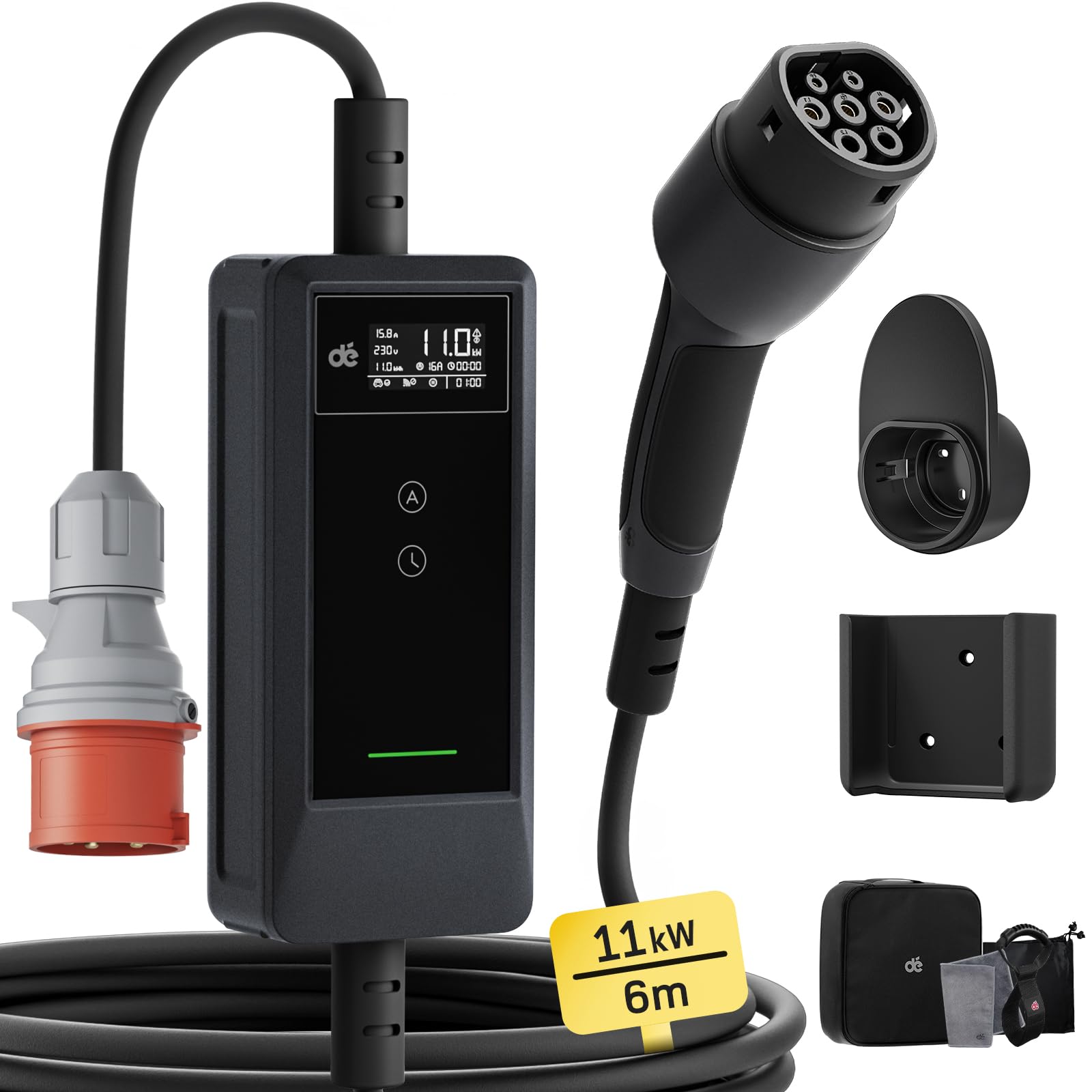 dé Mobile Wallbox/Ladestation 11kW [6m|3-phasig|6-16A] Ladekabel CEE 16A auf Typ 2 mit Einstellbarer Ladeleistung Ev Charger Wallbox 11kw für Model Y/3 e-tron und BEV/PHEV von dé