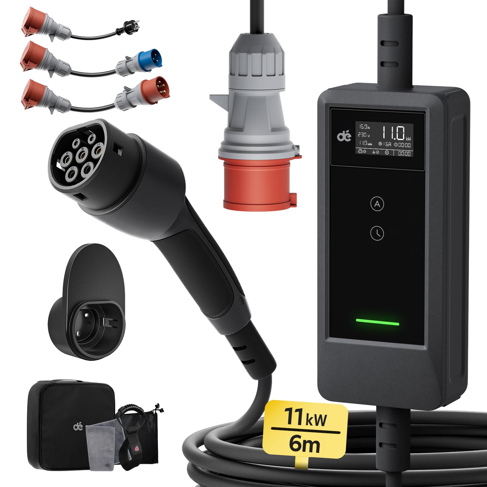 dé Mobile Wallbox/Ladestation 11kW [6m|3-phasig|6-16A] mit Traveller Adapter Set, Ladekabel CEE 16A auf Typ 2 und EV Ladegerät für Model Y/3, ID.3/4/5, MG4, EX30, e-up, e-tron und BEV/PHEV von dé