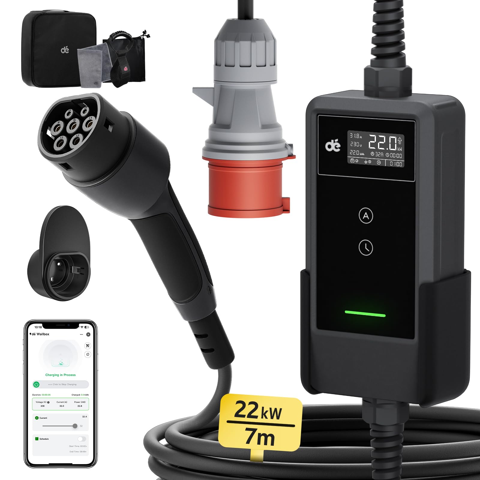 dé Mobile Wallbox/Ladestation 22kW Mit App [3-phasig|7m|6-32A] mit stromzähler, Ladekabel CEE 32A auf Typ 2 und EV Ladegerät für Model Y/3, ID.3/4/5, MG4, EX30, e-up, e-tron und andere EV/PHEV von dé