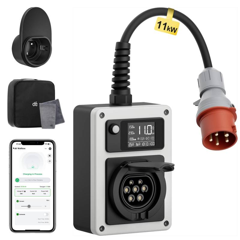 dé Mobile Wallbox 11kW 16A EV Charger mit CEE Stecker und Typ 2 Steckdose, 11kW Ladestation mit Stromzähler, RFID-Karte für ID.4 ID.5, Model Y, Model 3, e-up, e-tron und andere EV und PHEV von dé