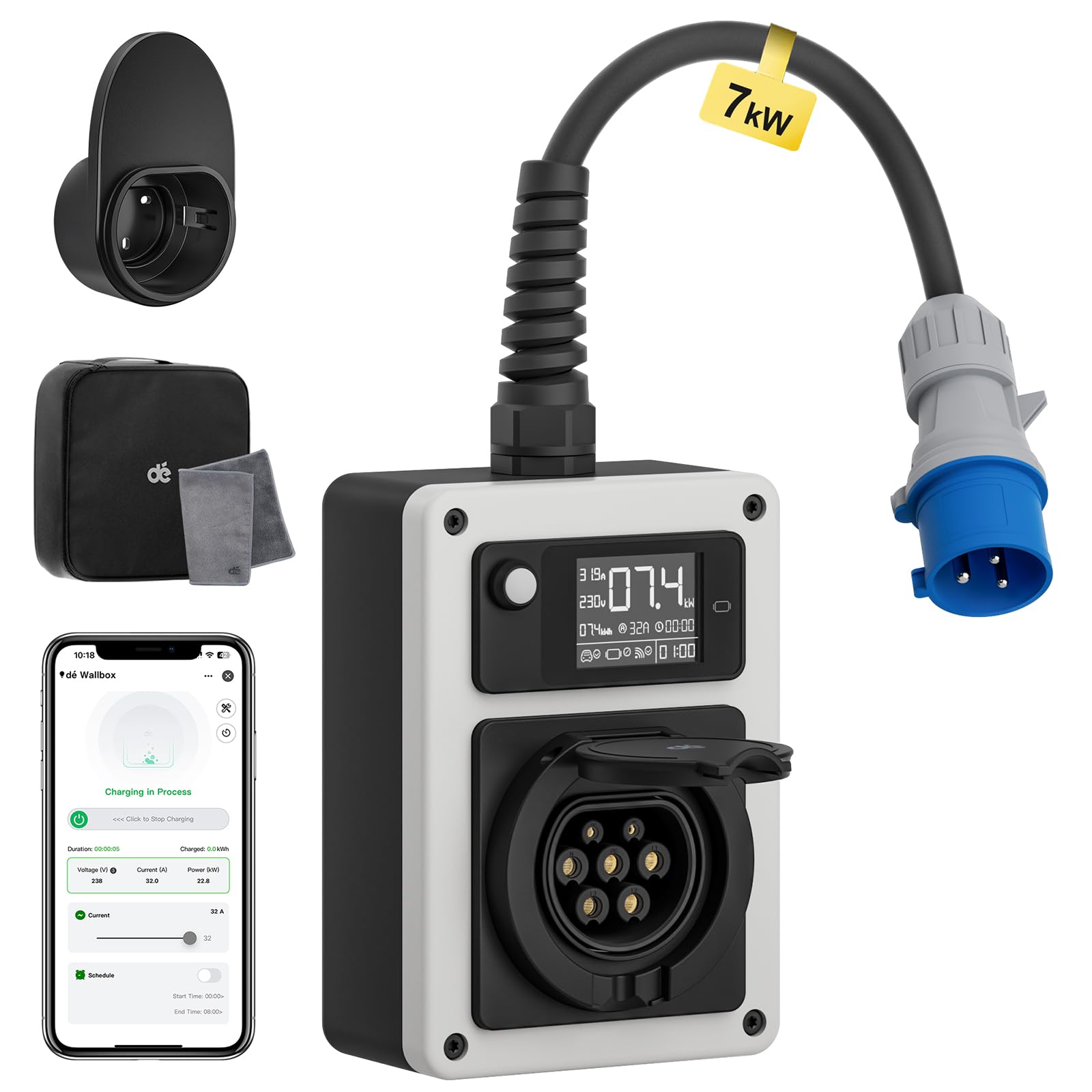 dé Mobile Wallbox 7,4kW Mit APP EV Charger CEE Stecker und Typ 2 Steckdose, 7,4kW Ladestation mit Stromzähler, RFID-Karte für ID.4 ID.5, Model Y, Model 3, e-up, e-tron und andere EV und PHEV dé Mobile Wallbox 7,4kW Mit APP EV Charger CEE Stecker und Typ 2 Steckdose, 7,4kW Ladestation mit Stromzähler, RFID-Karte für ID.4 ID.5, Model Y, Model 3, e-up, e-tron und andere EV und PHEV von dé