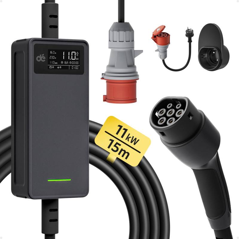 dé Mobile Wallbox 11kW |3-phasig|15m|6-16A |Einstellbare Ladeleistung|, Ladekabel CEE 16a auf Typ 2 und Mobile Ladestation 11kW für ID.3, ID.4, ID.5, Model Y, Model 3, e-up, e-tron und andere EV/PHEV von dé