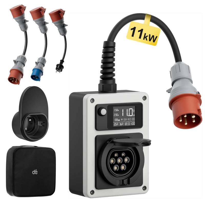 dé Mobile Wallbox 11kW 16A Mit APP EV Charger mit Traveller Adapter Set, CEE Stecker und Typ 2 Steckdose, RFID-Karte für ID.4 ID.5, Model Y/3, e-up, e-tron, Zoe und andere EV und PHEV von dé