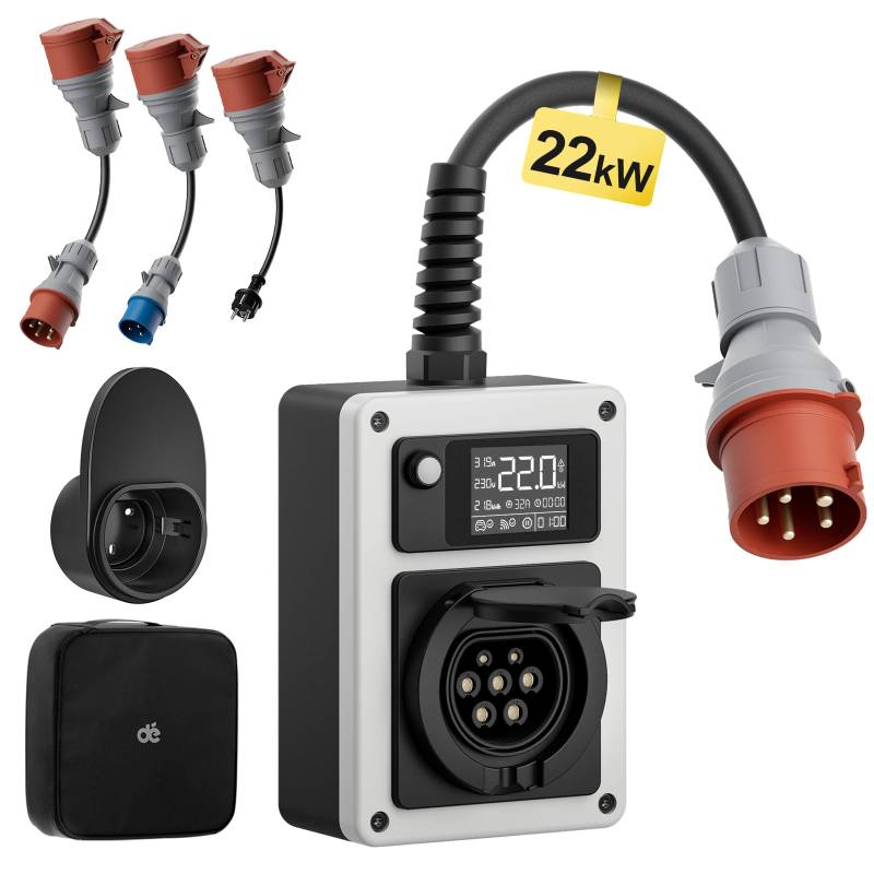 dé Mobile Wallbox 22kW Mit APP EV Charger mit Traveller Adapter Set, 22kW Ladestation CEE Stecker und Typ 2 Steckdose, RFID-Karte für ID.4 ID.5, Model Y/3, e-up, e-tron und andere EV und PHEV von dé