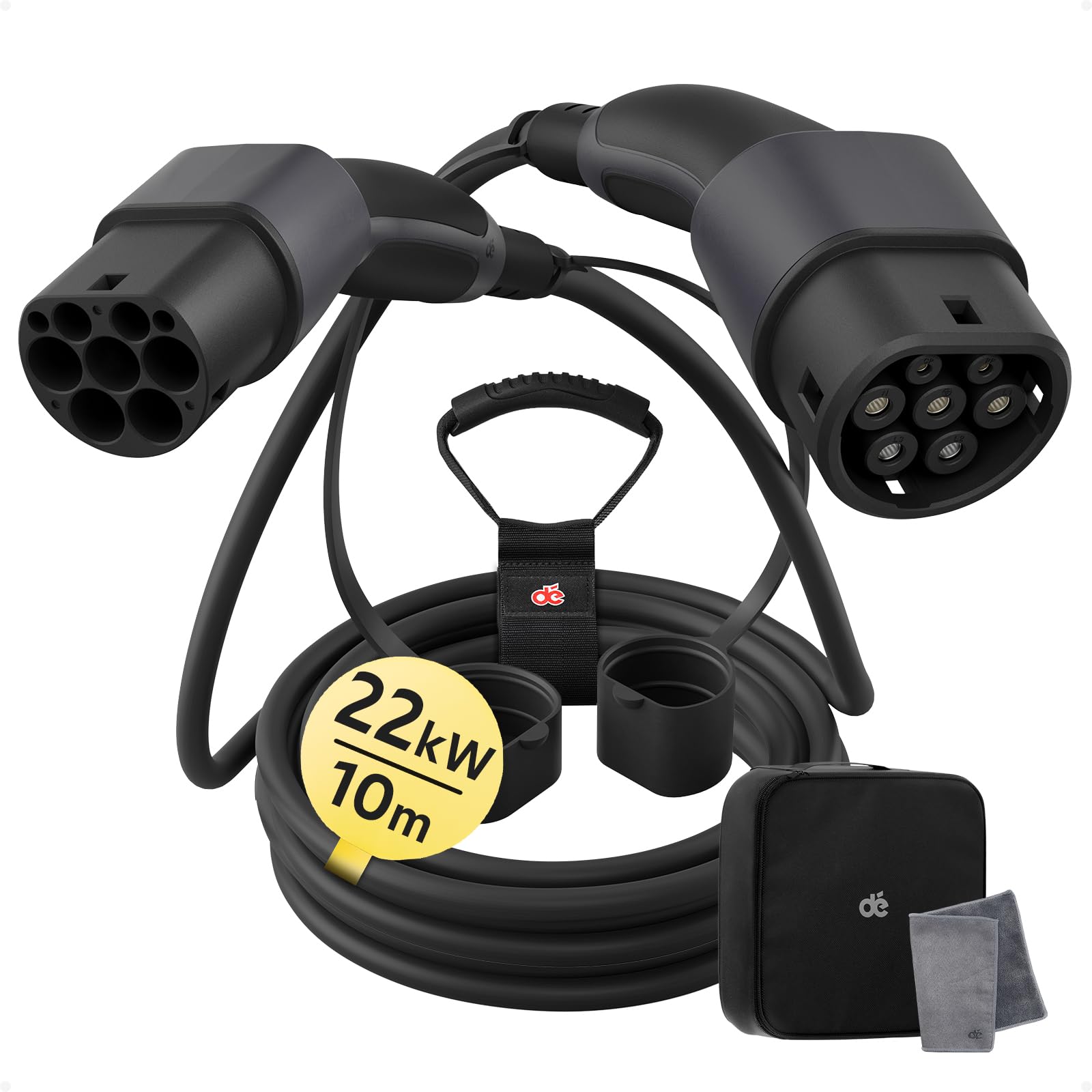 dé Typ 2 Ladekabel, 22kW Ladekabel Elektroauto Typ2[22kW, 3-Phase, 32A] 10m mit Tragetasche, Kompatibel mit Model 3, e-UP, ID.3, Zoe, forTwo, Kona, e-Tron und andere EV, Elektroautos, PHEV von dé
