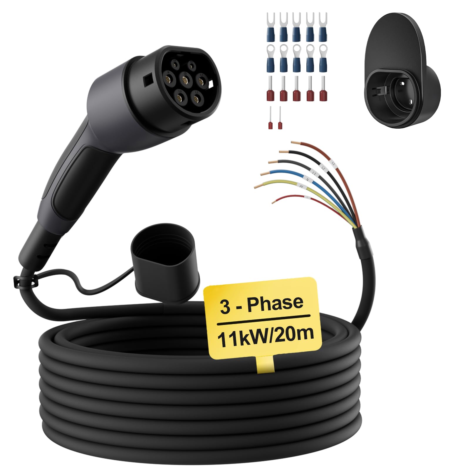 dé Typ 2 Ladekabel offenes Ende 11kW [3-Phasen| 20m| 16A] Freiem Kabelende für Wallbox/Ladestation Ersatzkabel von dé