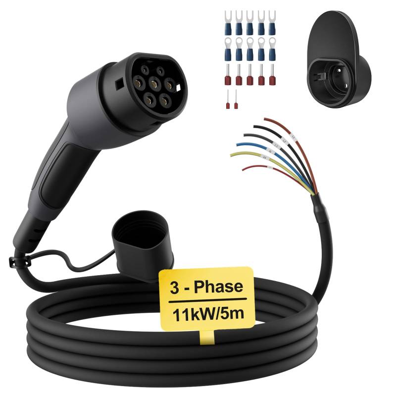 dé Typ 2 Ladekabel offenes Ende 11kW [3-Phasen| 5m| 16A] Freiem Kabelende für Wallbox/Ladestation Ersatzkabel von dé