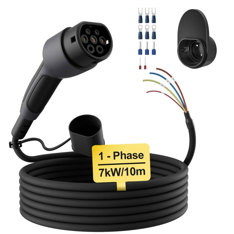 dé Typ 2 Ladekabel offenes Ende 7kW [1-Phasen| 10m| 32A] Freiem Kabelende für Wallbox/Ladestation Ersatzkabel von dé