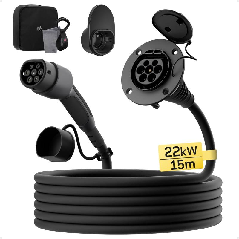 dé Typ 2 Verlängerungskabel [15m, 22kW, 32A] 3-Phasen Ladekabel 400V, Schutzart IP54, kompatibel mit Allen IEC62196-2 BEV und HPEV, mit Tragetasche von dé