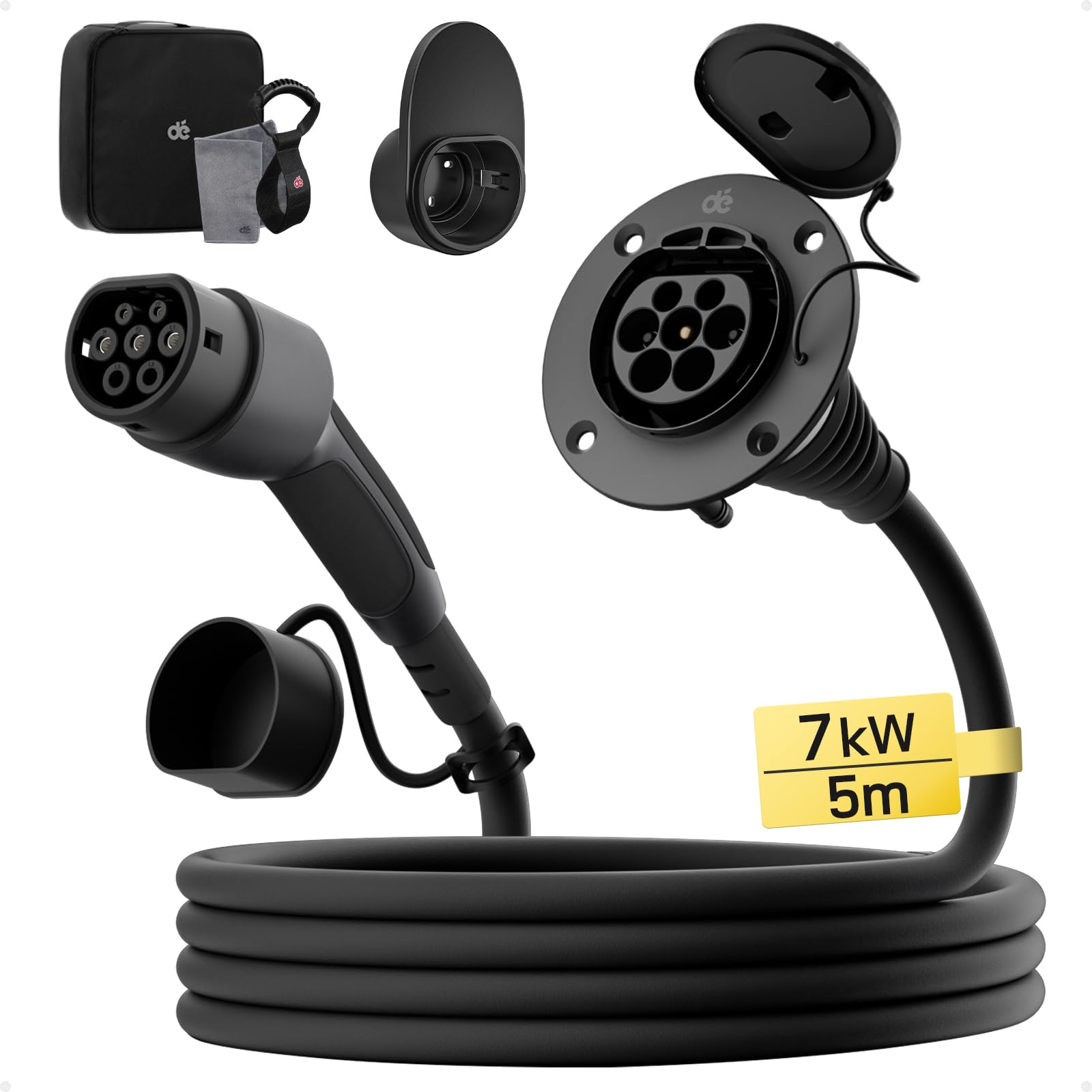 dé Typ 2 Verlängerungskabel [5m, 7,4kW, 32A] 1-Phasen Ladekabel 230V, Schutzart IP54, kompatibel mit Allen IEC62196-2 BEV und HPEV, mit Tragetasche von dé