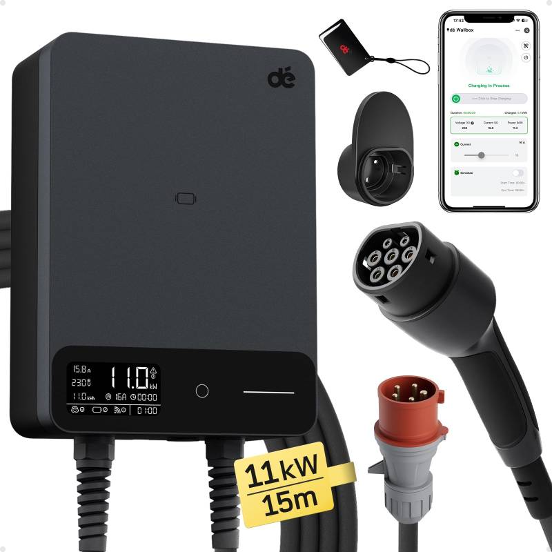 dé Typ 2 Wallbox 11kW mit APP und RFID, 6-16A 3-Phasen EV-Ladegerät 400V mit 15m Ladekabel und Kabelhalter für BEV/PHEV, RCD Typ-B & IP54-Schutz, effiziente Ladestation für Zuhause, schwarz von dé