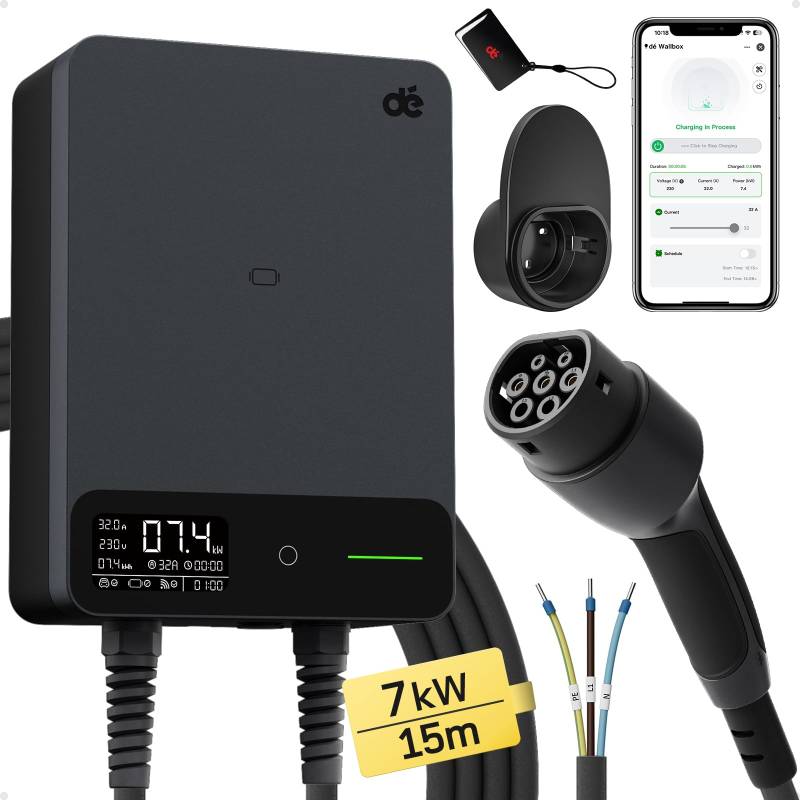 dé Wallbox 7kW APP [6-32A, 1-Phase] Elektrofahrzeug-Ladestation mit 15m Typ 2 Ladekabel, RFID und Steckerhalterung, Ladestation mit RCD Typ-B & IP54 Schutz für E-208 & andere BEV/PHEV von dé