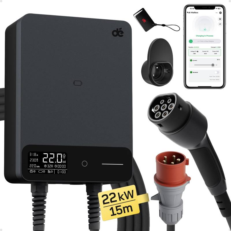 dé Typ 2 Wallbox 22kW mit APP und RFID, 6-32A 3-Phasen EV-Ladegerät 400V mit 15m Ladekabel und Kabelhalter für BEV/PHEV, RCD Typ-B & IP54-Schutz, effiziente Ladestation für Zuhause, schwarz von dé