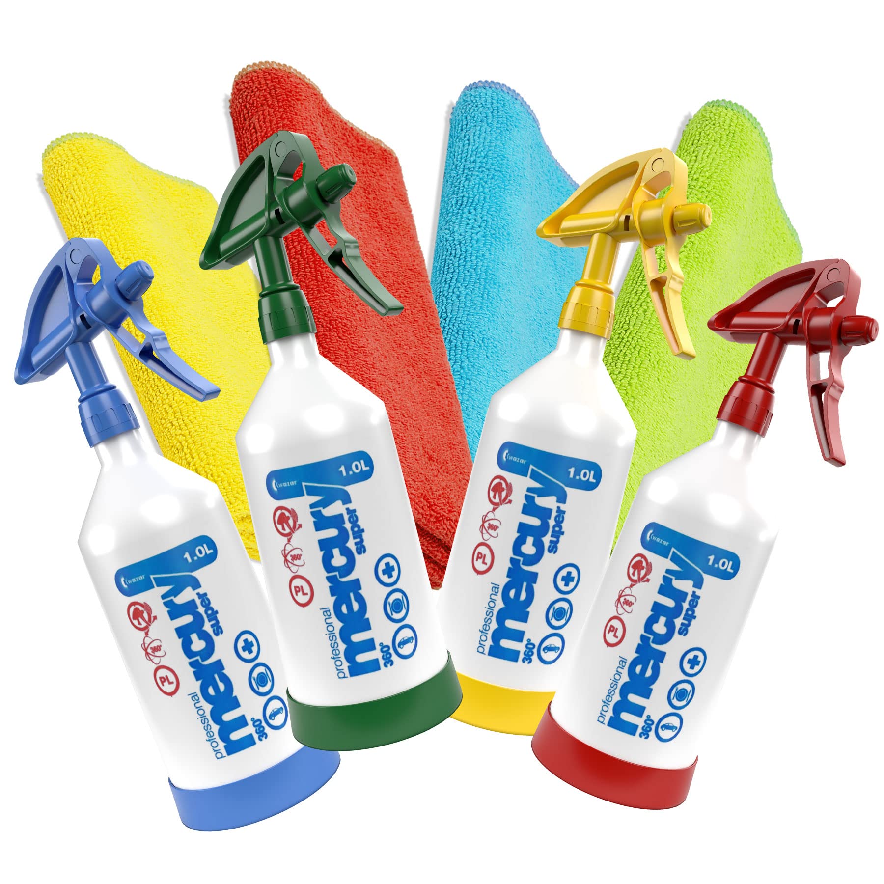 4 farbiges Set Kwazar Sprühflasche Mercury Super 360 Pro+ Super 1 Liter je 1x in gelb, rot, grün, blau, 360 Grad, Double Action Sprühkopf + 4 Basic Mikrofasertücher, farbig 4 farbiges Set Kwazar Sprühflasche Mercury Super 360 Pro+ Super 1 Liter je 1x in gelb, rot, grün, blau, 360 Grad, Double Action Sprühkopf + 4 Basic Mikrofasertücher, farbig von detailmate