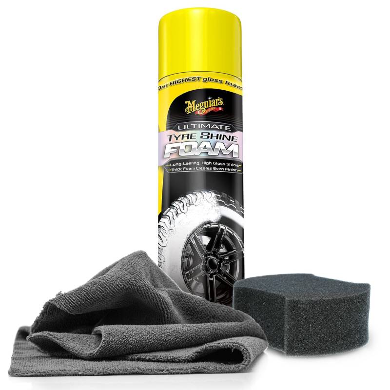 Auto Reifenpflege Set | Meguiar's Ultimate Tyre Shine Foam 538ml + Applikator Pad + Mikrofasertuch | Reifenglanzspray zur Pflege und Auffrischung von Reifen von detailmate