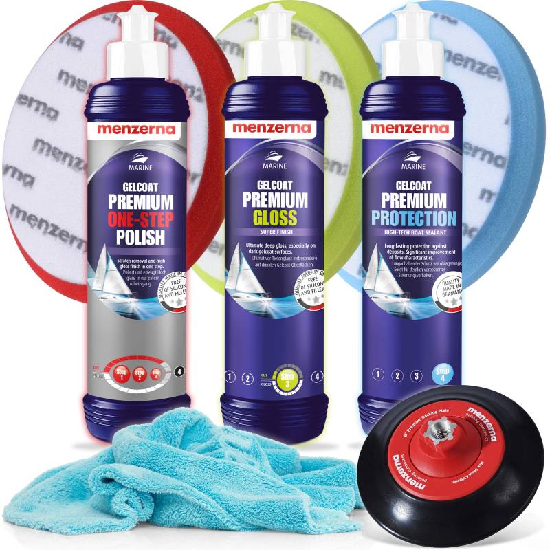 DetailMate - Menzerna Premium Gelcoat 250ml Boots Politur Set (One Step Polish + Gloss + Protect + Equipment) von detailmate