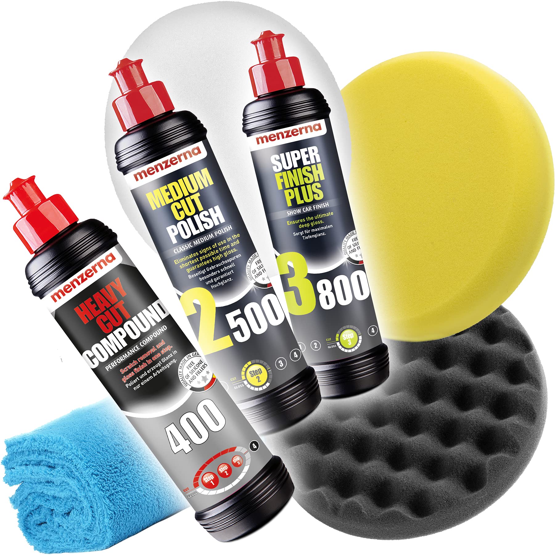 Detailmate Auto Politur Set - Menzerna 250ml: Autopolitur Heavy Cut HCC400 + Medium Cut 2500 + Super Finish Plus SFP3800 + 3x Menzerna Polier Pad 150mm + flauschiges Mikrofaser Poliertuch 40x40cm Detailmate Auto Politur Set - Menzerna 250ml: Autopolitur Heavy Cut HCC400 + Medium Cut 2500 + Super Finish Plus SFP3800 + 3x Menzerna Polier Pad 150mm + flauschiges Mikrofaser Poliertuch 40x40cm von detailmate