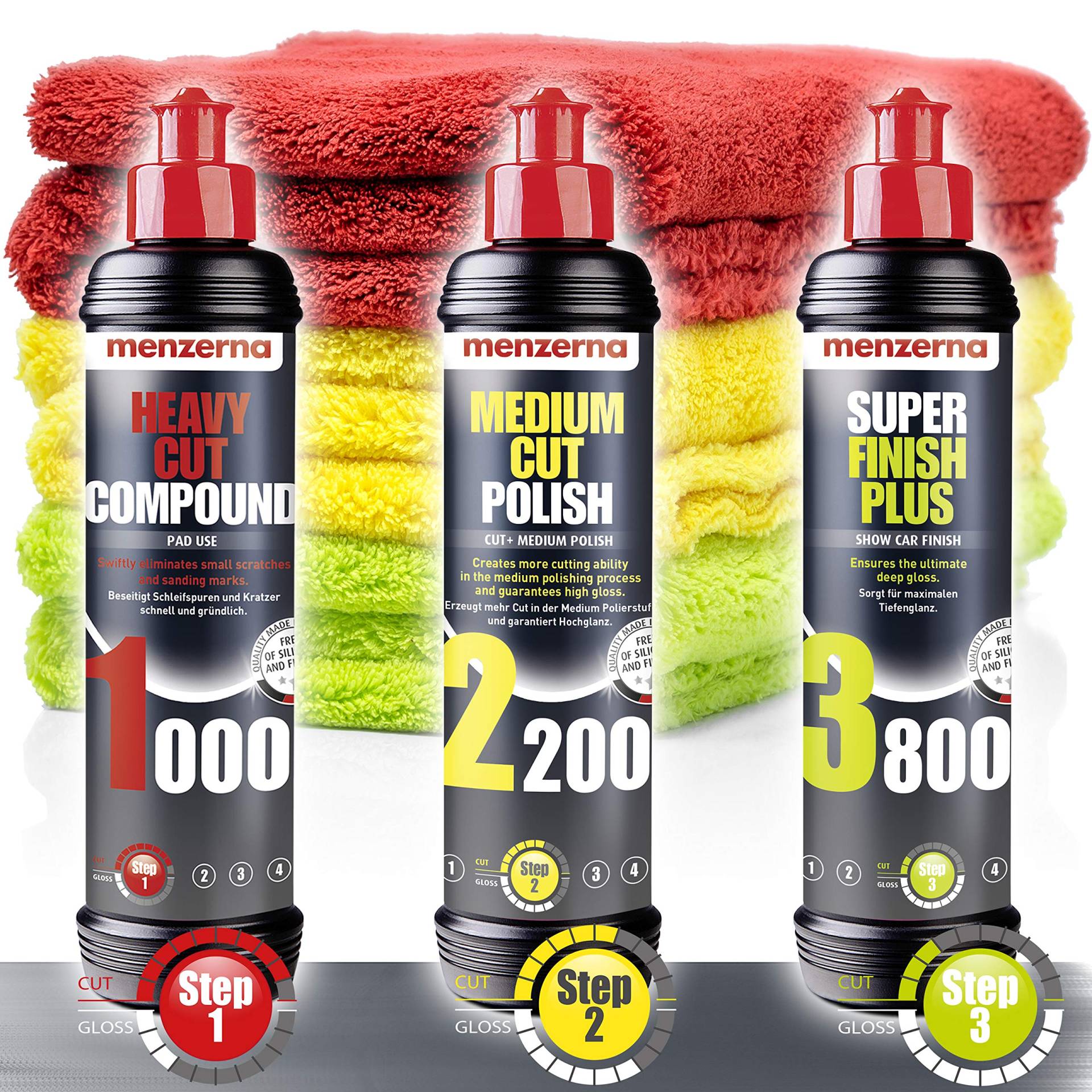 detailmate Auto Politur Set - Menzerna Autopolitur 250ml: Super Heavy Cut Compund HC1000 + Medium Cut 2200 + Super Finish Plus SFP3800 + 3X Premium Mikrofaser Poliertuch zum Auto Polieren, 40x40cm detailmate Auto Politur Set - Menzerna Autopolitur 250ml: Super Heavy Cut Compund HC1000 + Medium Cut 2200 + Super Finish Plus SFP3800 + 3X Premium Mikrofaser Poliertuch zum Auto Polieren, 40x40cm von detailmate
