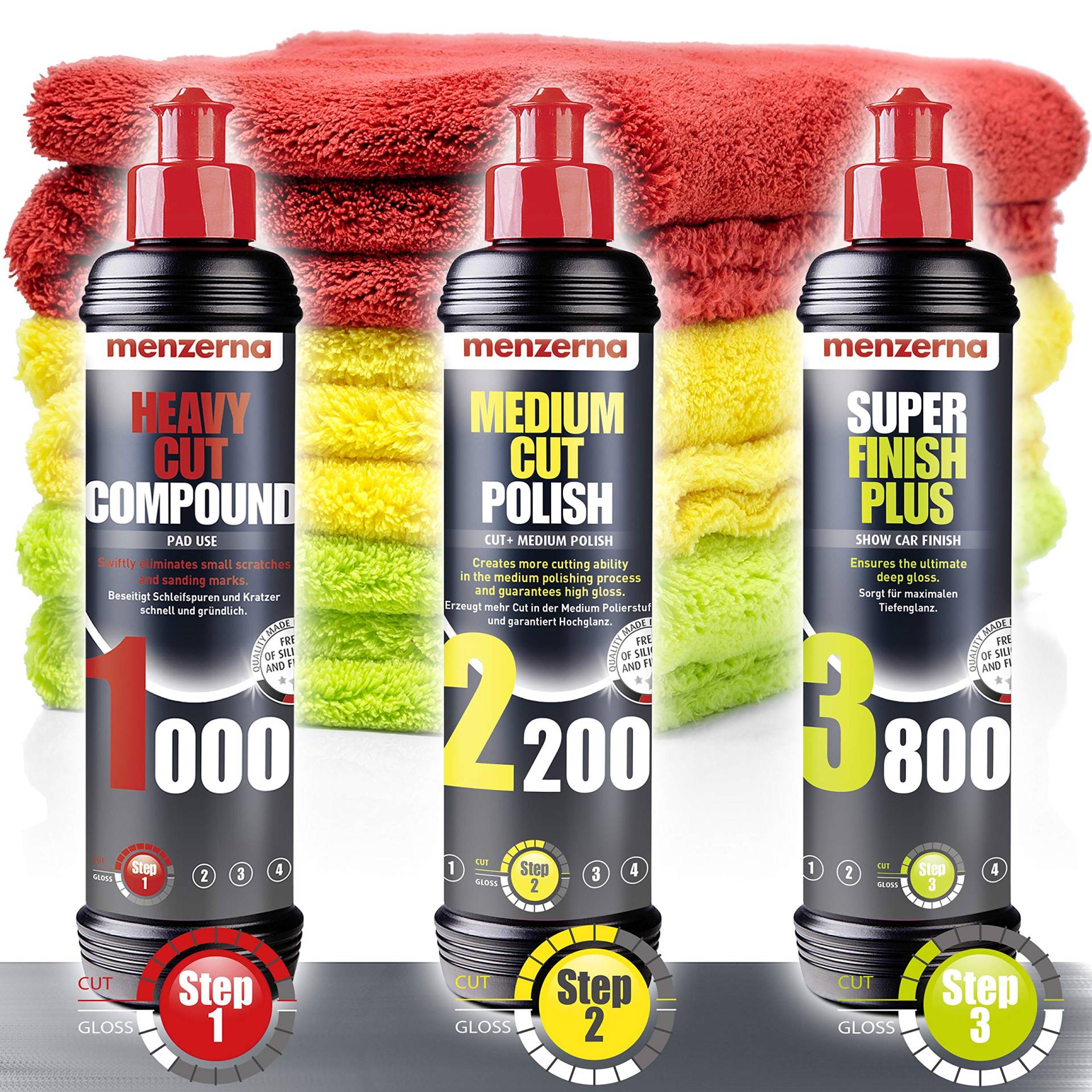 detailmate Auto Politur Set - Menzerna Autopolitur 250ml: Super Heavy Cut Compund HC1000 + Medium Cut 2200 + Super Finish Plus SFP3800 + 3X Premium Mikrofaser Poliertuch zum Auto Polieren, 40x40cm von detailmate