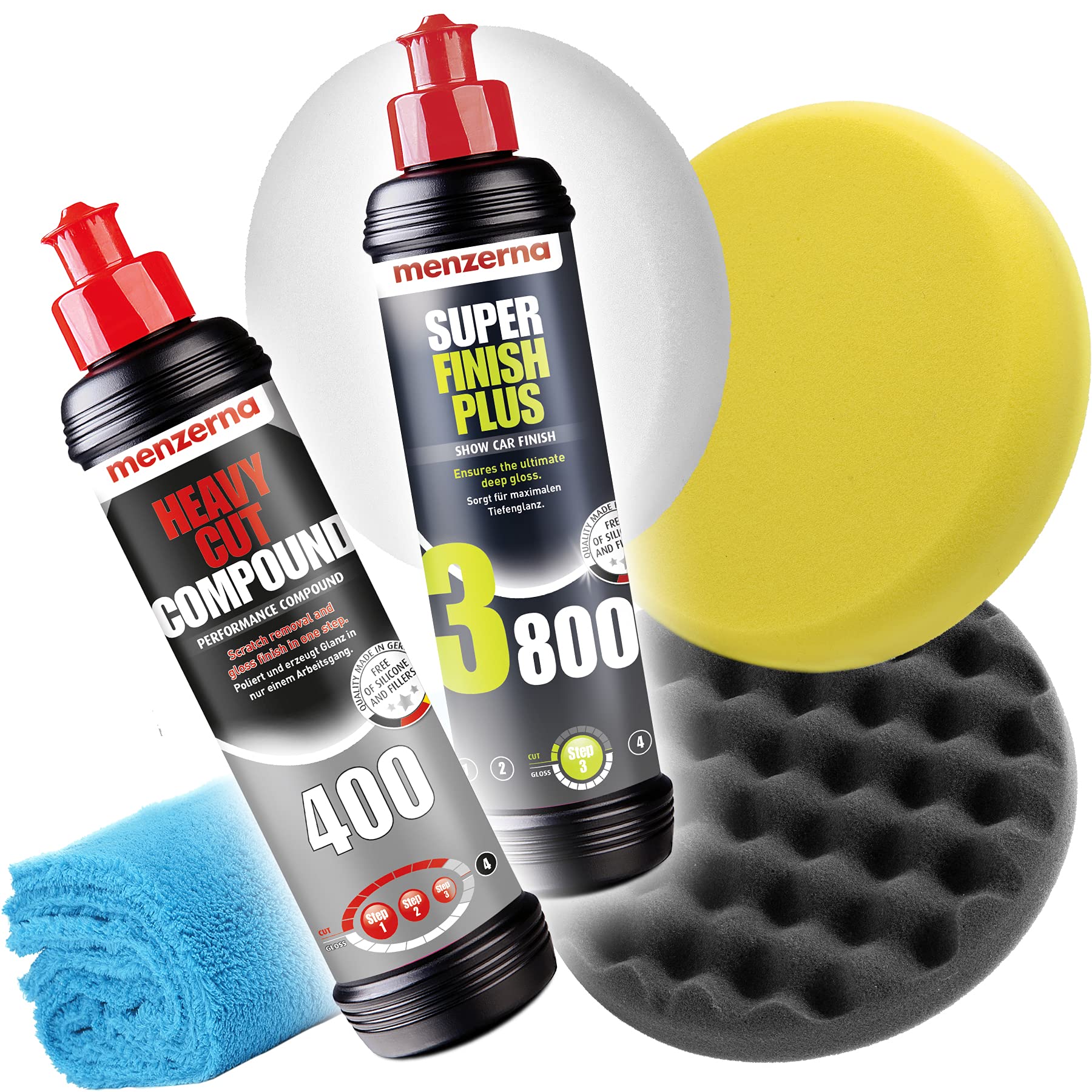 detailmate Auto Politur Set - Menzerna 250ml: Autopolitur Heavy Cut Compund HCC400 + Super Finish Plus SFP3800 + 3X Menzerna Polier Pad 150mm + Flauschiges Mikrofaser Poliertuch 40x40cm detailmate Auto Politur Set - Menzerna 250ml: Autopolitur Heavy Cut Compund HCC400 + Super Finish Plus SFP3800 + 3X Menzerna Polier Pad 150mm + Flauschiges Mikrofaser Poliertuch 40x40cm von detailmate