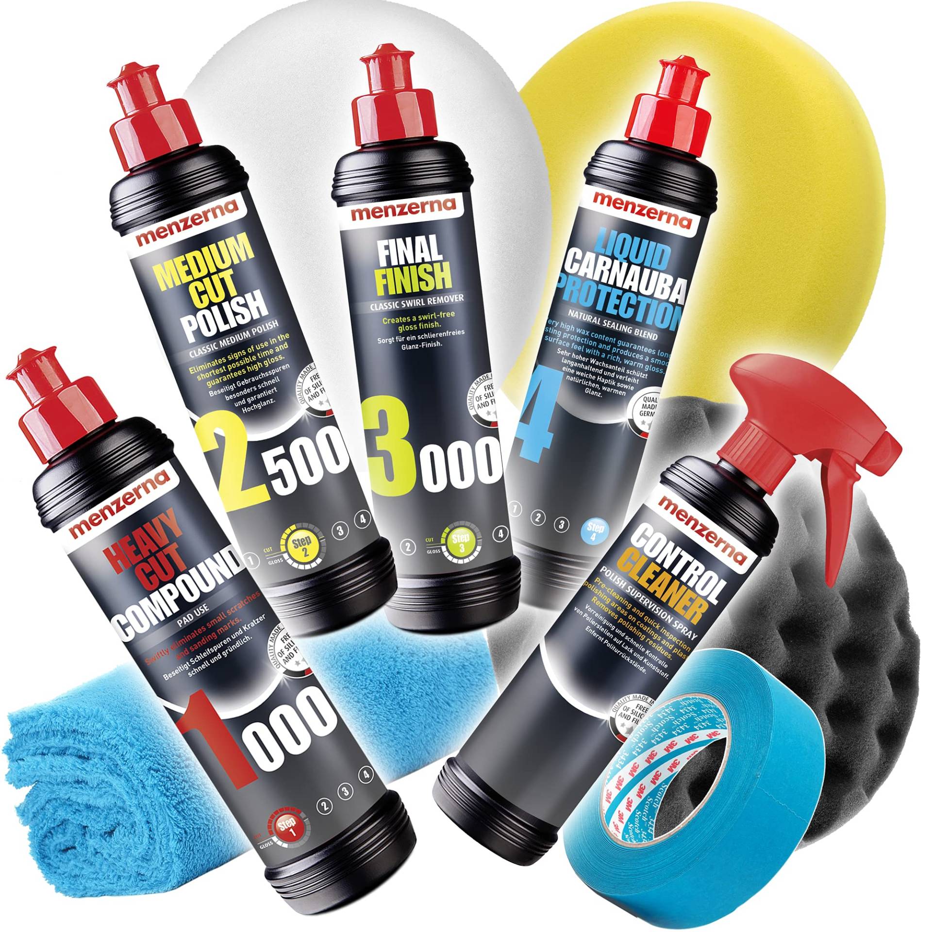 Detailmate Auto Politur Set - Menzerna Autopolitur 250ml: Super Heavy Cut 1000 + Medium Cut 2500 + Final Finish 3000 + Liquid Carnauba Wachs + 3x Menzerna Polierpad + Mikrofaser Poliertuch + 3M Band von detailmate