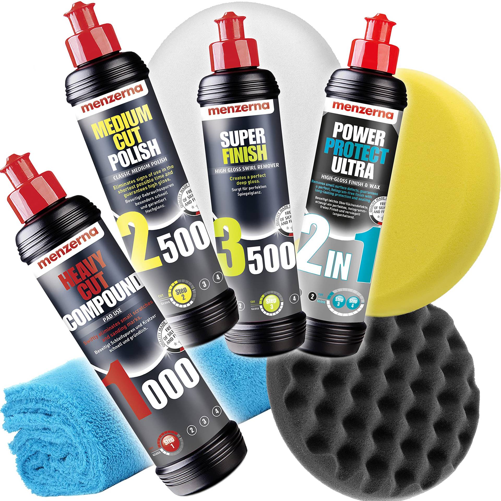 Detailmate Auto Politur Set - Menzerna 250ml: Autopolitur Super Heavy Cut 1000 + Medium Cut 2500 + Super Finish 3500 + 2 in 1 Power Protect Ultra FINISH&WAX + 3x Menzerna Pad + Mikrofaser Poliertuch Detailmate Auto Politur Set - Menzerna 250ml: Autopolitur Super Heavy Cut 1000 + Medium Cut 2500 + Super Finish 3500 + 2 in 1 Power Protect Ultra FINISH&WAX + 3x Menzerna Pad + Mikrofaser Poliertuch von detailmate