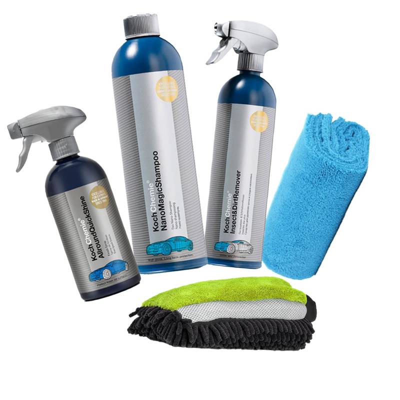 detailmate Autowäsche Set: Koch Chemie Insekten & Schmutzentferner 750ml + Nano Magic Shampoo 750ml + Allround Qucik Shine 500ml + Insect & Dirt Remover 750 ml + 3in1 Waschhandschuh Mikrofaserbezug von detailmate
