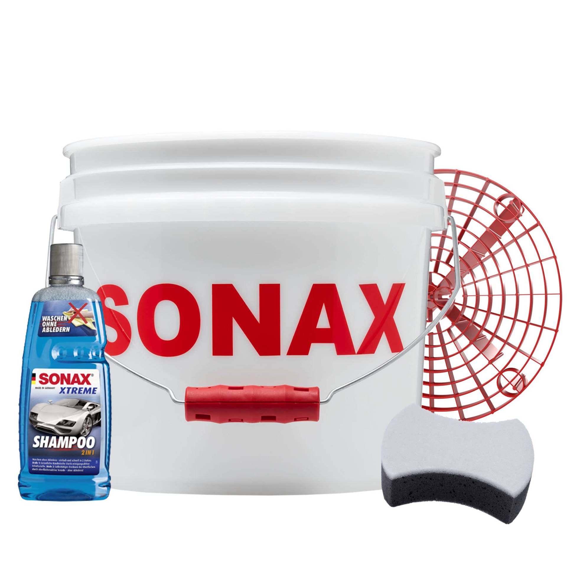 Detailmate - SONAX Auto Handwäsche Set: Sonax GritGuard Wascheimer, 13 Liter rot (3,5 Gallonen) + GritGuard Schmutz Einsatz + Sonax Xtreme Auto Shampoo 2in1 + Sonax Multischwamm von detailmate