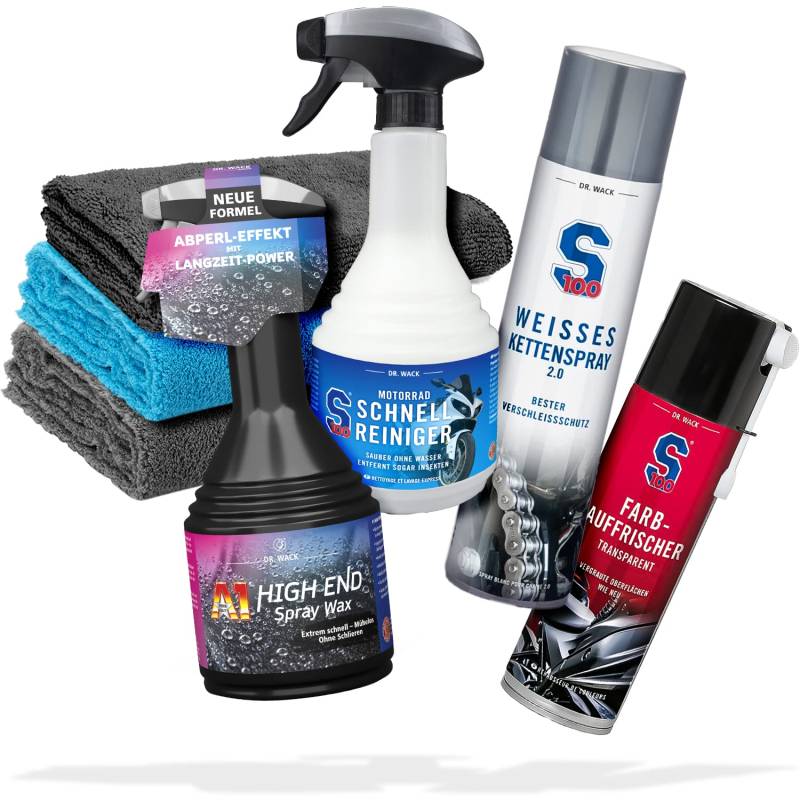 Motorrad Reinigung & Pflege Bundle - Dr. Wack S100 Motorrad Schnellreiniger 0,5L, Weißes Kettenspray 0,4L, Farbauffrischer 0,3L, A1 High End Spray Wax 0,5L + 3X detailmate Mikrofasertücher von detailmate