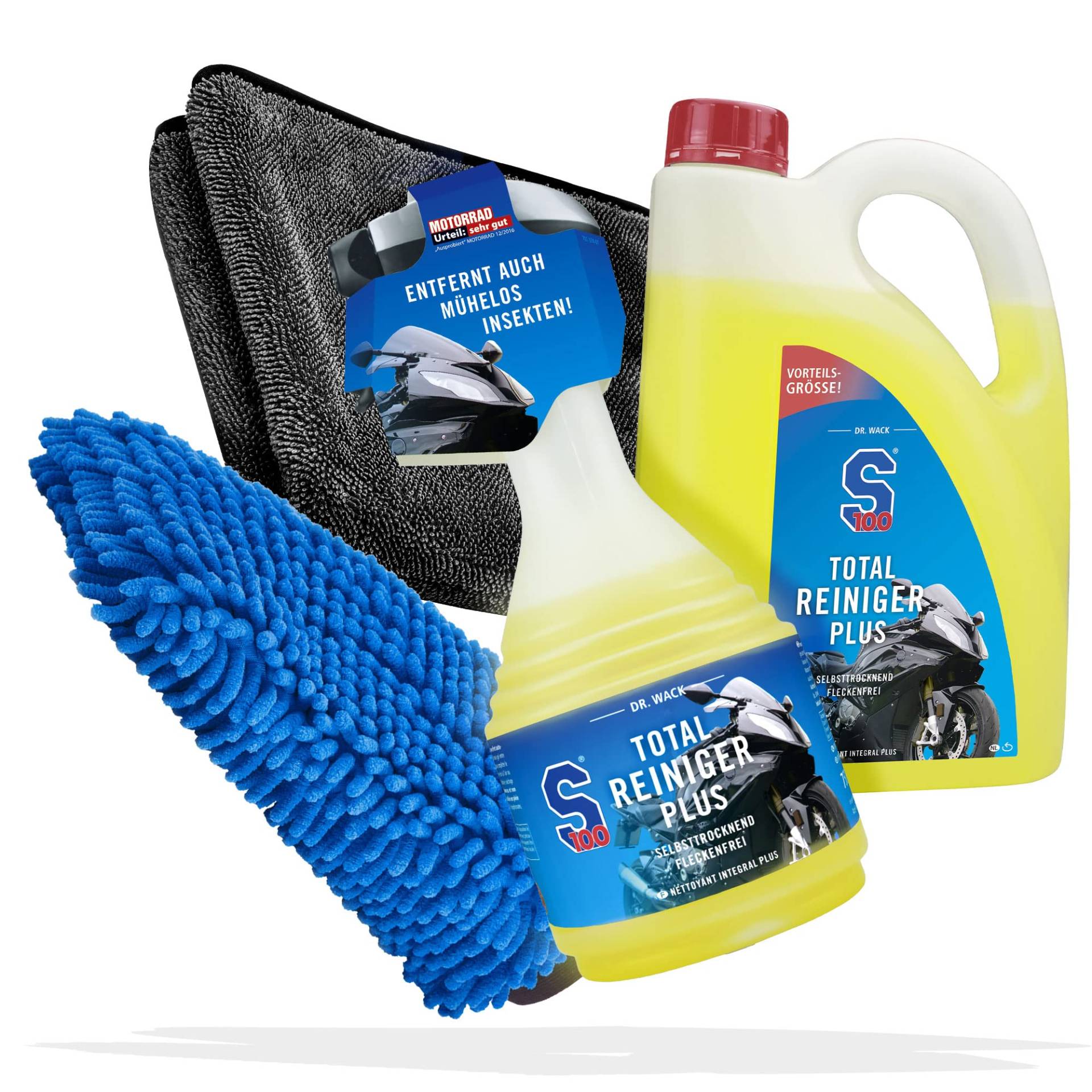 Motorrad Reinigung & Trocknen Bundle - Dr. Wack S100 Total Reiniger 0,75 Liter + S100 Total Reiniger Plus 2 Liter + detailmate Trockentuch, extrem saugfähig + Waschhandschuh von detailmate