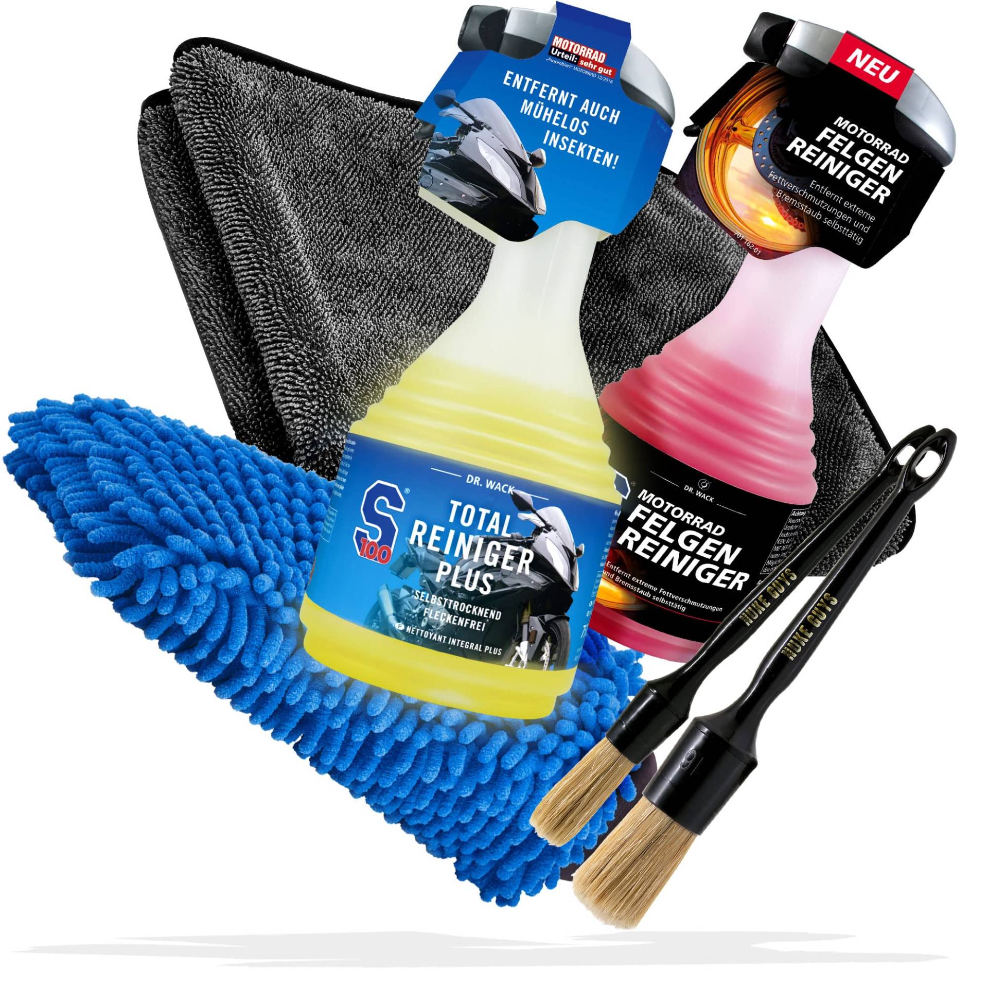 Motorrad Reinigung & Trocknen Bundle - Dr. Wack S100 Total Reiniger 0,75L + S100 Felgenreiniger, 0,5L + detailmate Trockentuch, schlierenfrei + 2X Pinsel + Waschhandschuh Motorrad Reinigung & Trocknen Bundle - Dr. Wack S100 Total Reiniger 0,75L + S100 Felgenreiniger, 0,5L + detailmate Trockentuch, schlierenfrei + 2X Pinsel + Waschhandschuh von detailmate