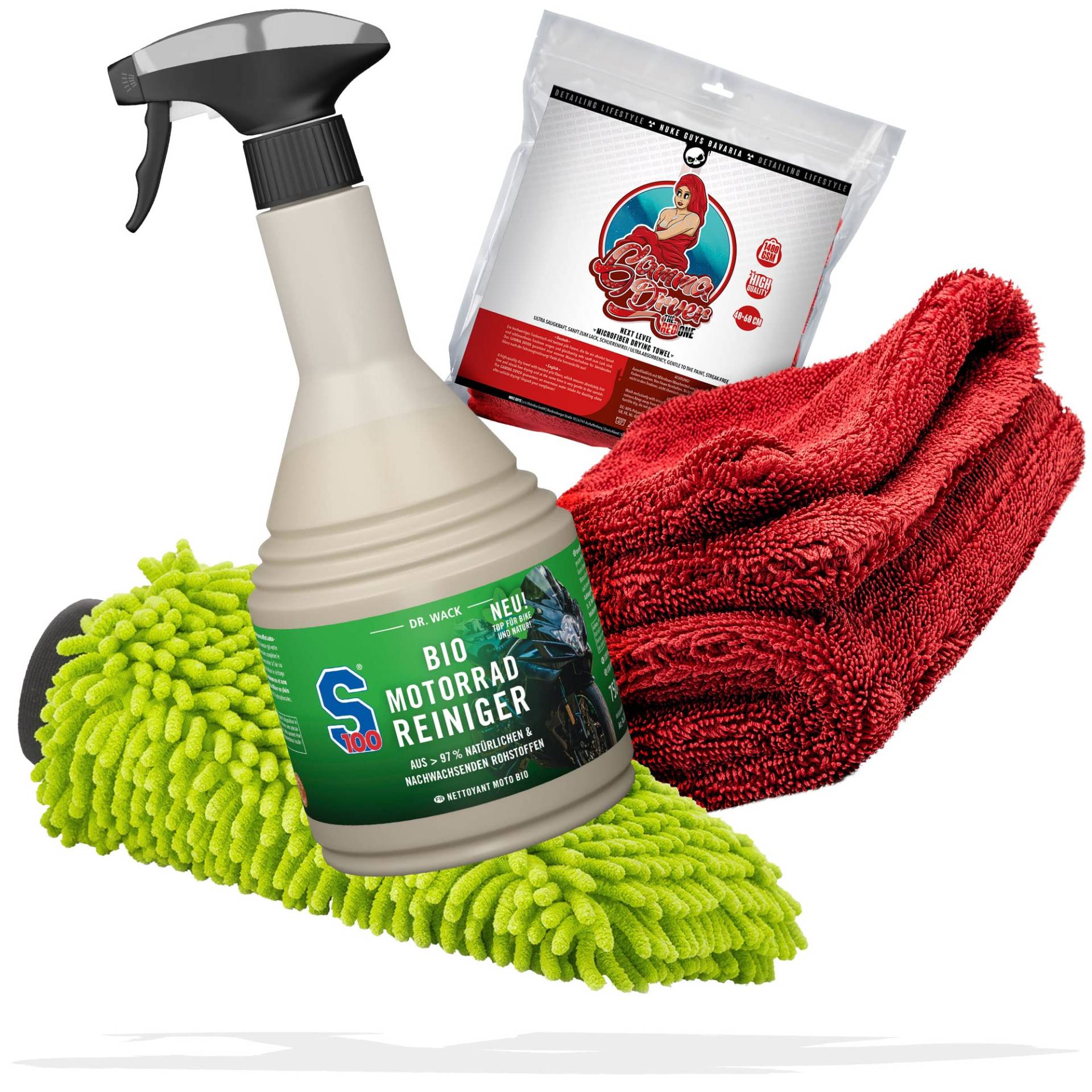 Motorradpflege Reinigung & Trocknen Bundle - Dr. Wack – S100 BIO Motorradreiniger 750ml I Für Verschmutzungen wie Öl, Insekten oder Fett + Nuke Guys Gamma Dryer Trockentuch + detailmate Waschhandschuh von detailmate