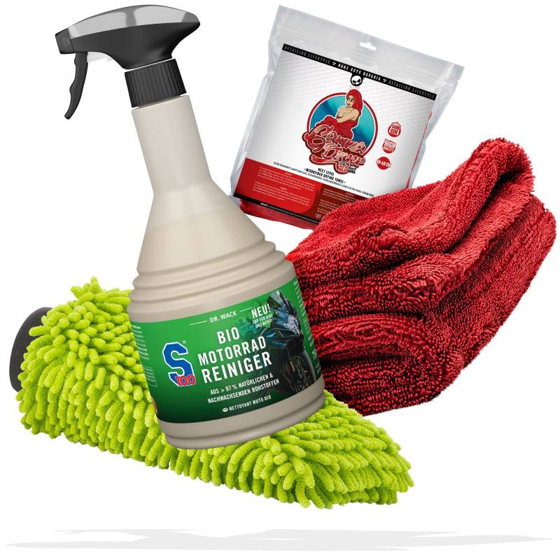Motorradpflege Reinigung & Trocknen Bundle - Dr. Wack – S100 BIO Motorradreiniger 750ml I Für Verschmutzungen wie Öl, Insekten oder Fett + Nuke Guys Gamma Dryer Trockentuch + detailmate Waschhandschuh von detailmate