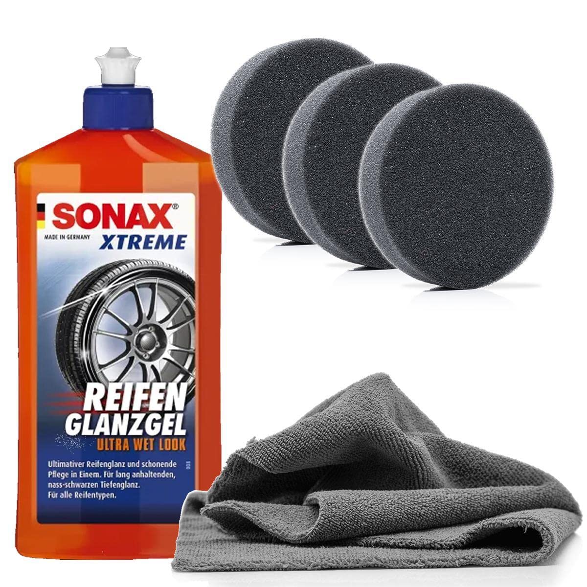 Reifenpflege Bundle - SONAX Xtreme ReifenGlanzGel 0,5L + 3x detailmate Applikatorpad + Mikrofasertuch - Pflegt und schützt Reifen & Gummi am Auto, für lang anhaltenden Glanz von detailmate