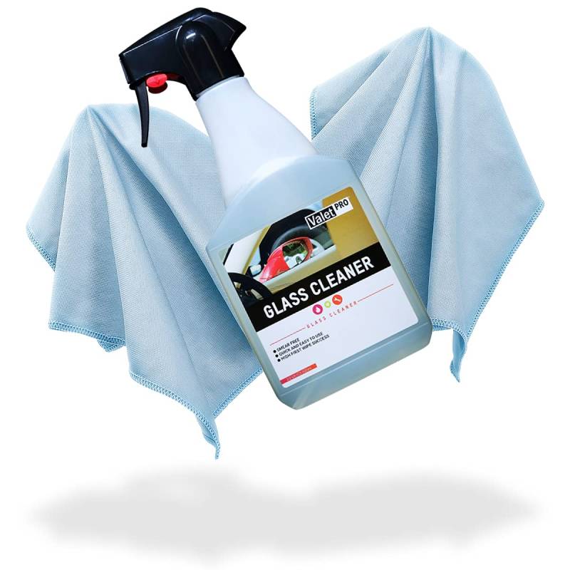 detailmate Auto Glasreinigungsset | ValetPRO Glass Cleaner 500ml + 2X ValetPRO Glasreinigungstücher | Für eine streifenfreie Reinigung von Glas oder Spiegeln von detailmate
