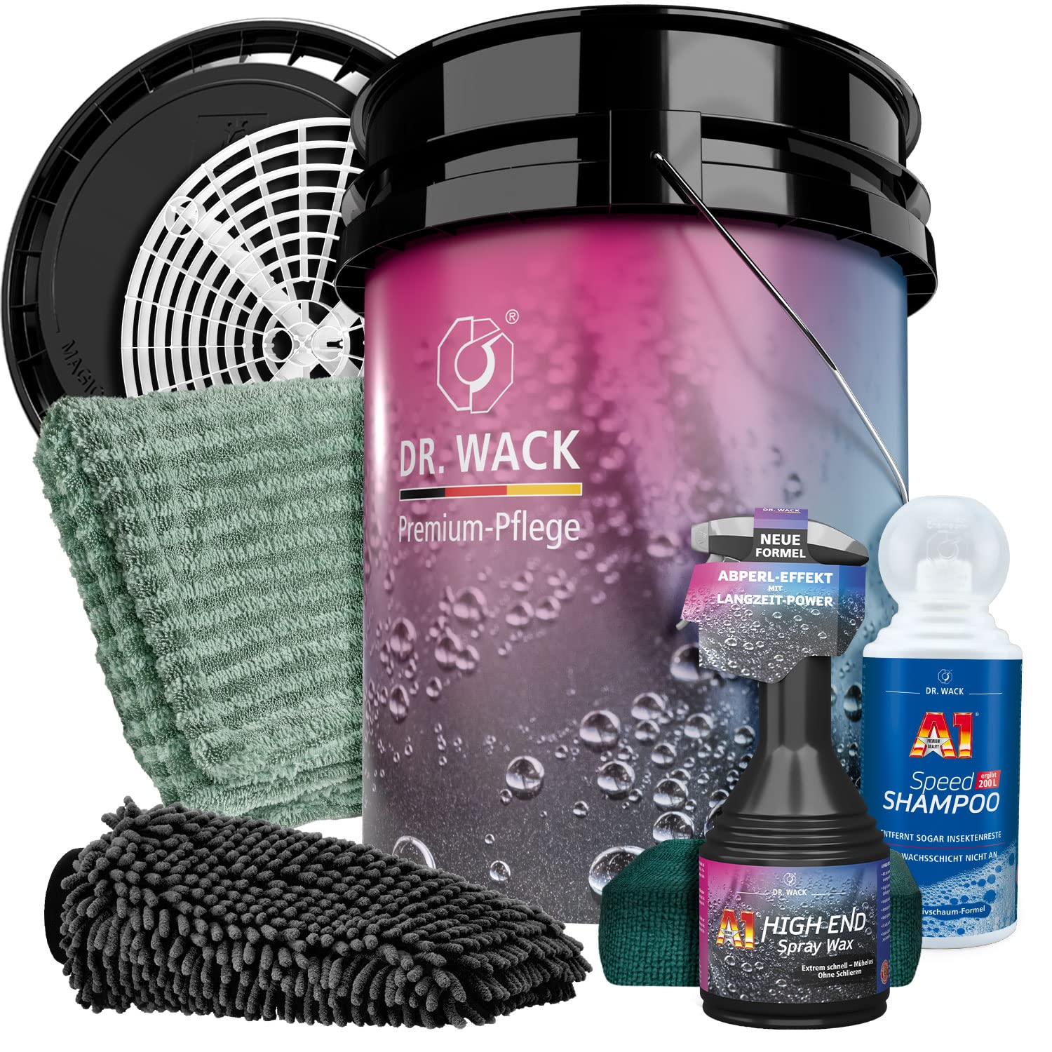 detailmate Auto Handwäsche Bundle Deluxe - Dr. Wack Autoshampoo 0,5L & Spray Wax 0,5L + Magic Bucket Wascheimer mit Deckel & GritGuard + Garage Freaks Mikrofaser Zubehör Waschhandschuh - Waschset von detailmate