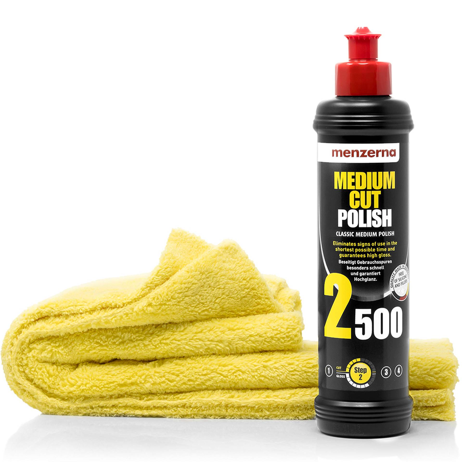 detailmate Auto Polier Set - Autopflege: Menzerna Autopolitur MEDIUM CUT POLISH 2500, 250 ml - Beseitigung von Schleifspuren + Mikrofaser Auto Poliertuch, 40x40cm, perfekt zum Auspolieren auf Autolack von detailmate