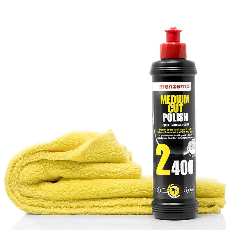 detailmate Auto Polier Set - Autopflege: Menzerna Autopolitur Medium Cut Polish 2400, 250 ml - Beseitigung von Schleifspuren + Mikrofaser Auto Poliertuch, 40x40cm, perfekt zum Auspolieren auf Autolack von detailmate