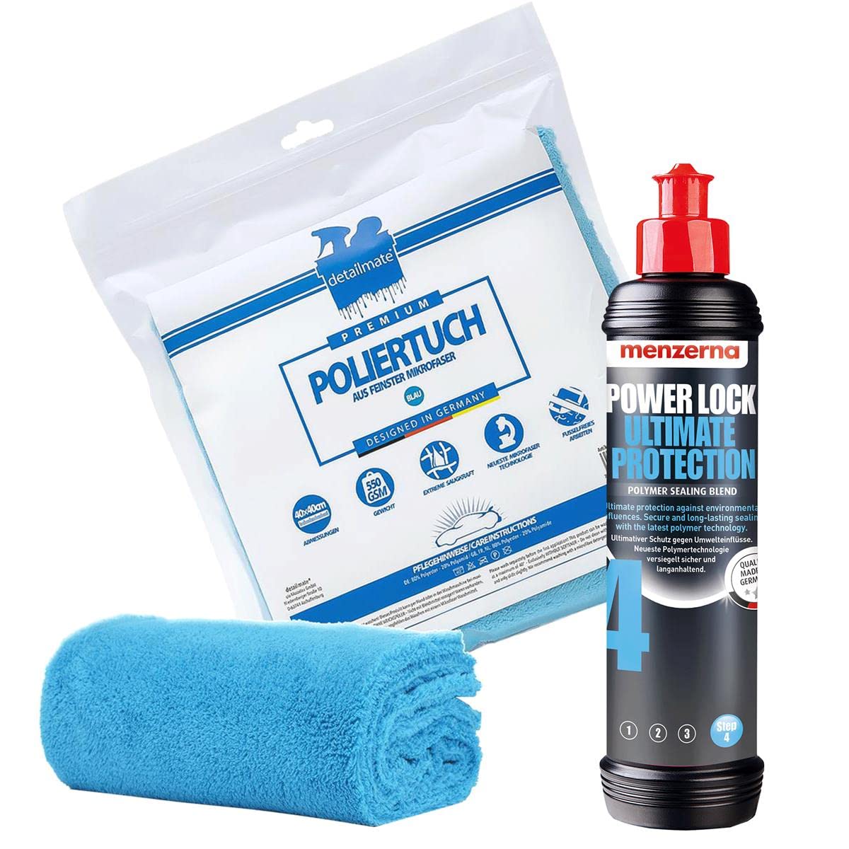 detailmate Auto Polier Set - Autopflege: Menzerna Lackversiegelung Power Lock Ultimate Protection, 250 ml - Polymer Auto Wachs+ Mikrofaser Auto Poliertuch, 40x40cm, perfekt zum Auspolieren Autolack detailmate Auto Polier Set - Autopflege: Menzerna Lackversiegelung Power Lock Ultimate Protection, 250 ml - Polymer Auto Wachs+ Mikrofaser Auto Poliertuch, 40x40cm, perfekt zum Auspolieren Autolack von detailmate